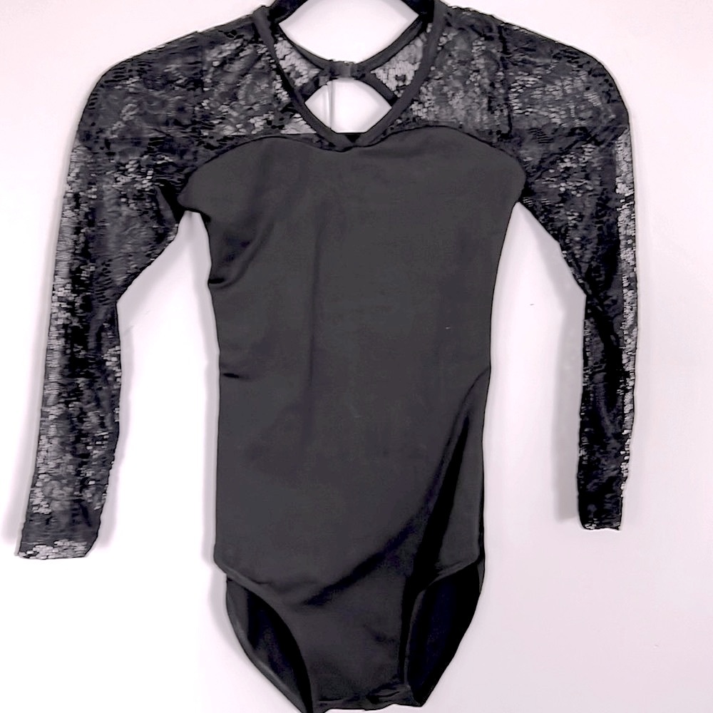 NWT Black Leotard, Stretch Lace, v neck, sweetheart bodice, long sleeve, AXS